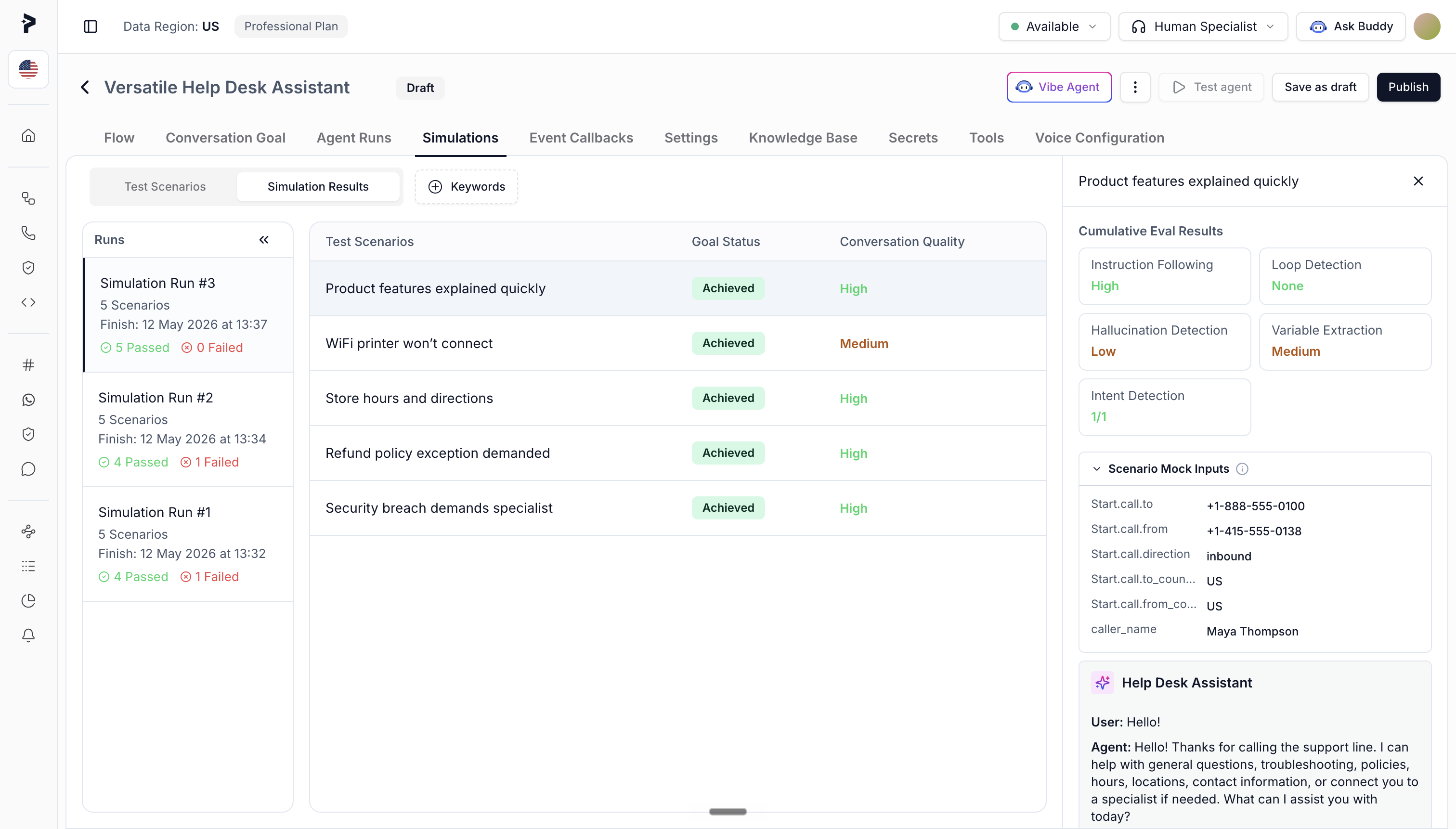 Detailed eval metrics showing instruction following, hallucination detection, intent detection, and conversation quality scores